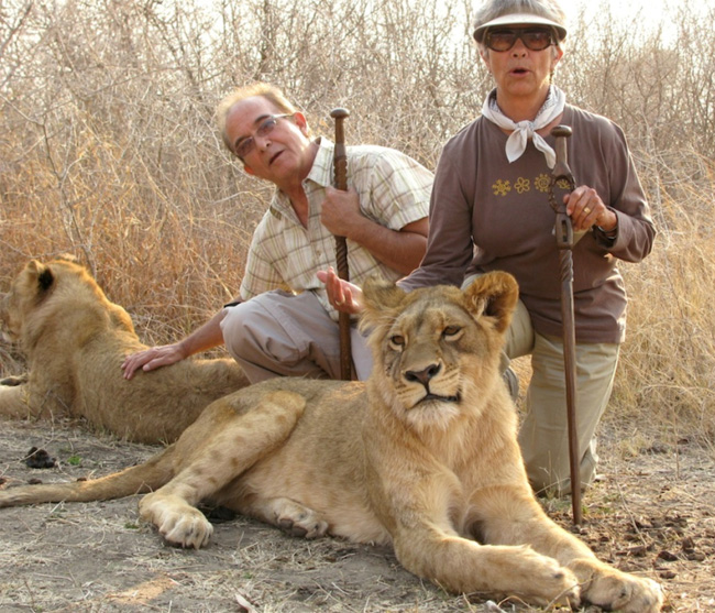 Bo and sister Laurie in Africa with lions